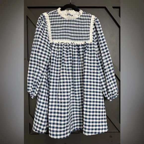 NWT Hunter Bell Carlyle Long-Sleeve Mini Dress in Navy/White Gingham, Size Small - Picture 4 of 10